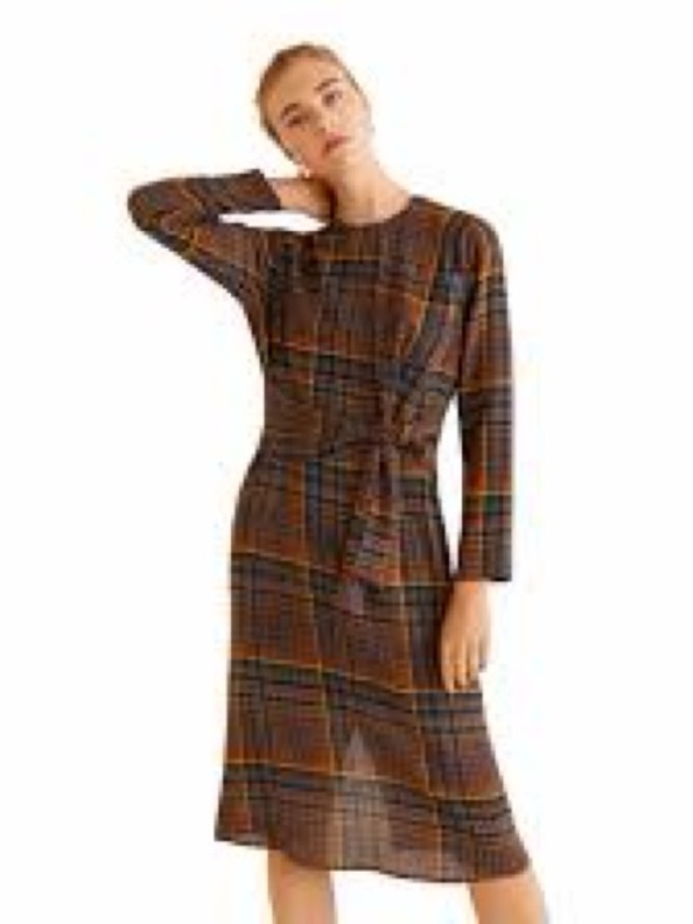 Mango Brown Plaid Long-Sleeve Tie-Waist Midi Dress